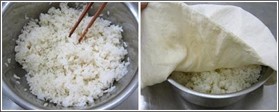 米飯煮熟後打鬆放涼（左） ，撒上酒麴拌勻並覆蓋可透氣的布培養（右）