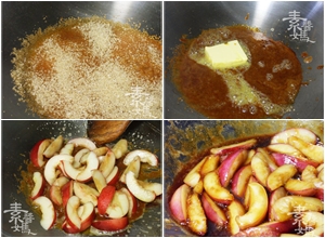 熱鍋，放糖，以小火慢慢融化後加入奶油。完全熔化成糖漿後把水蜜桃倒進去，讓所有水蜜桃片都均勻沾上焦糖漿