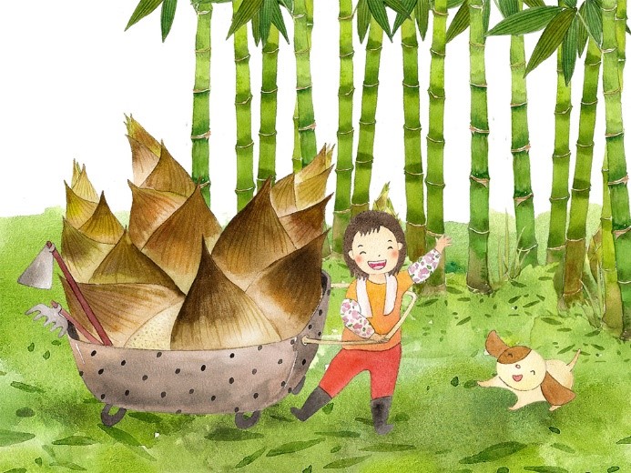 Mita 帶著炭狗走入竹林中挖竹筍。