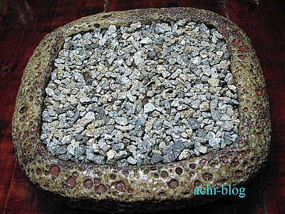 用小麥飯石（一般的各種小石子也可以）均勻鋪滿表面薄薄一層
