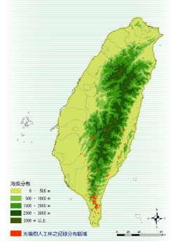 光蠟樹人工林之記錄分布區域